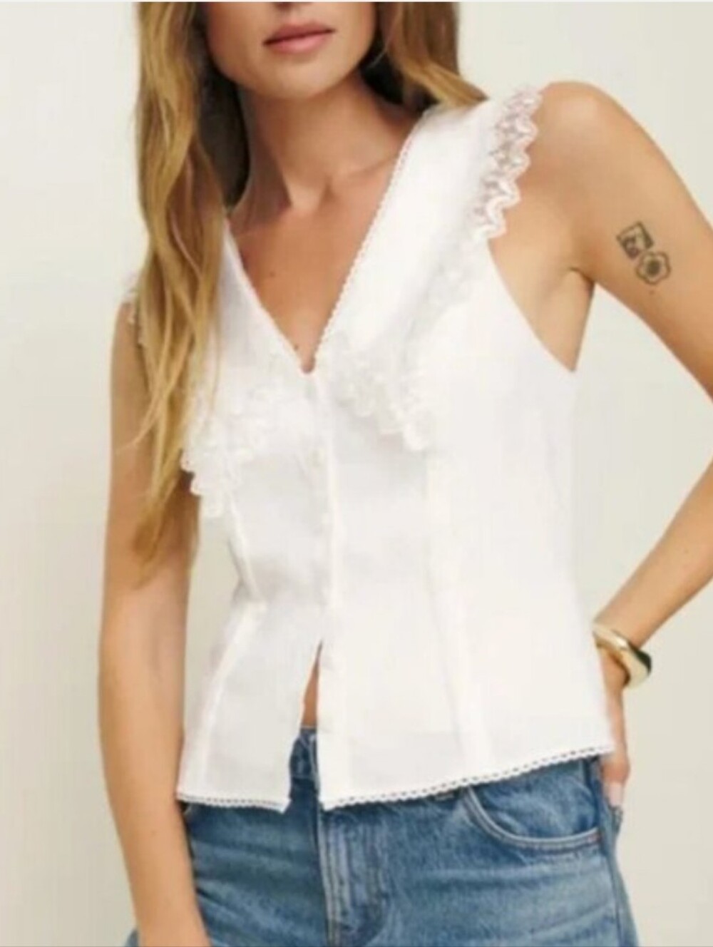 Reformation Melodie Linen Top Lace Collar White Coquette Cottagecore Size 12 NWT